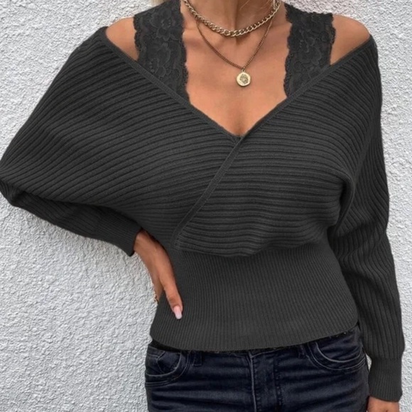 Luxe cold shoulder floral lace dolman sleeve wrap sweater - Picture 1 of 16